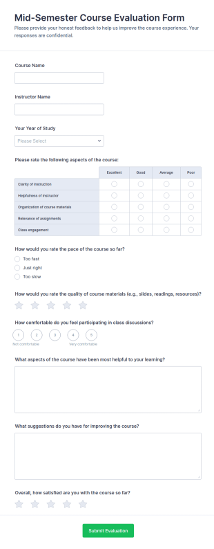 Mid Semester Course Evaluation Form Template