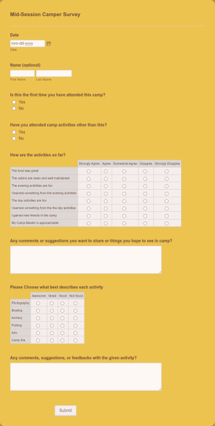 Mid Session Summer Camp Evaluation Form Template