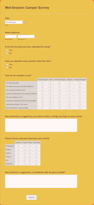 Mid Session Summer Camp Evaluation Form Template