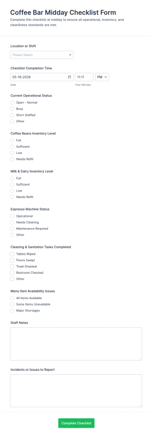 Midday Coffee Bar Checklist Form Template