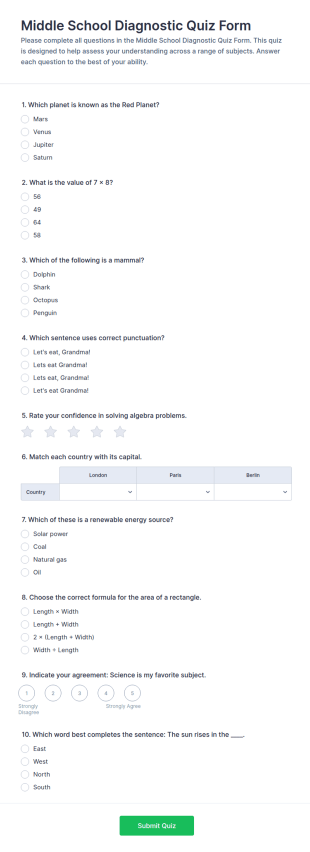 Middle School Diagnostic Quiz Form Template