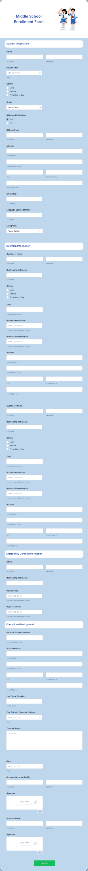 Middle School Enrollment Form Template