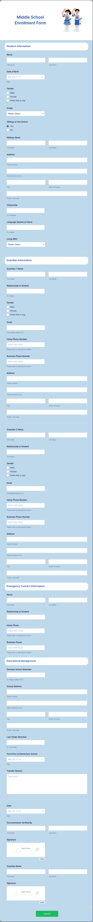 Middle School Enrollment Form Template