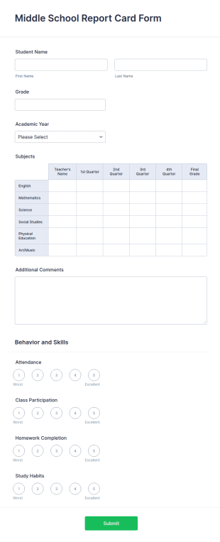 Middle School Report Card Form Template