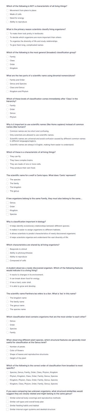 Middle School Cells And Classification Quiz Form Template