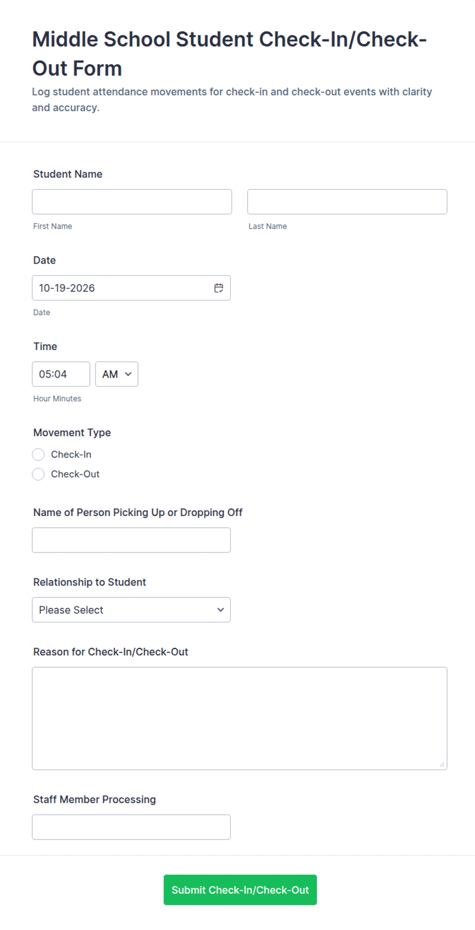 Middle School Student Check-In/Check-Out Form Template | Jotform