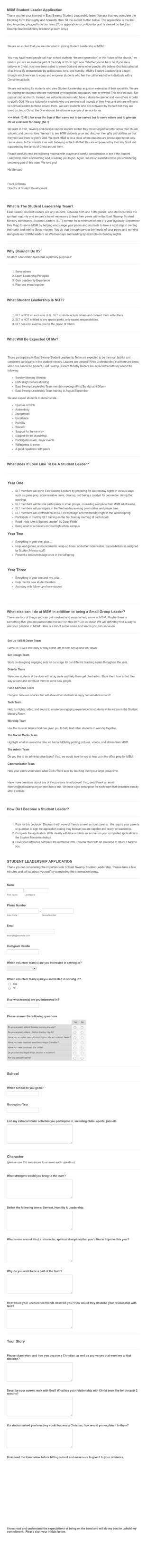 Middle School Student Leader Team Application Form Template