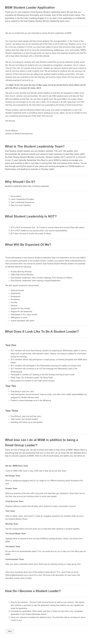 Middle School Student Leader Team Application Form Template