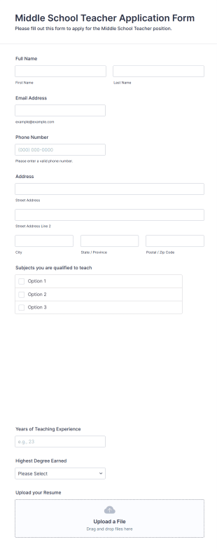 Middle School Teacher Application Form Form Template