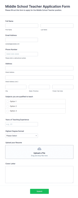 Middle School Teacher Application Form Template