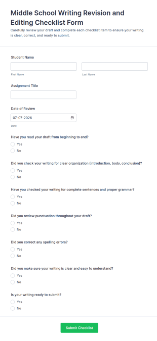 Middle School Writing Revision And Editing Checklist Form Template