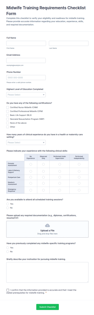 Midwife Training Requirements Checklist Form Template
