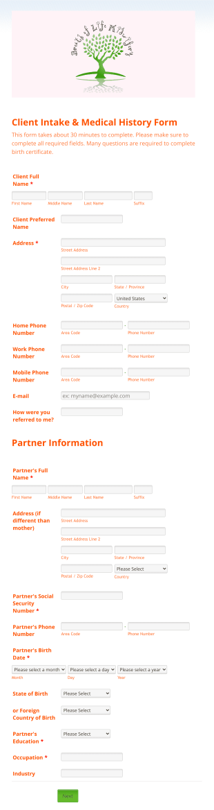 Midwifery Client Intake & Medical History Form Template