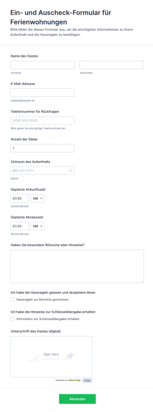 Miet Check In Check Out Richtlinien Vereinbarungsformular