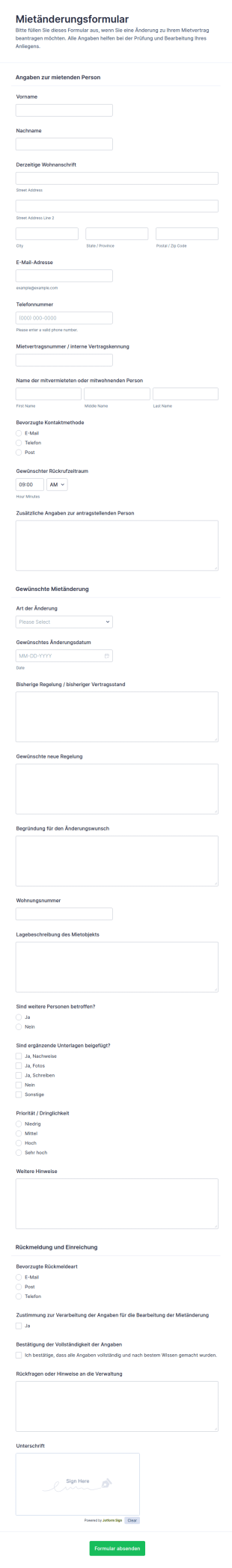 Mietänderungsanfrage Formular