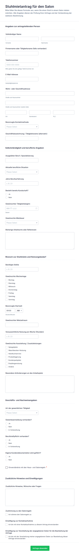 Mietanfrage Für Friseursalon Standplatz Formular