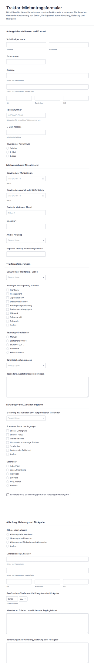 Mietantragsformular Für Traktoren