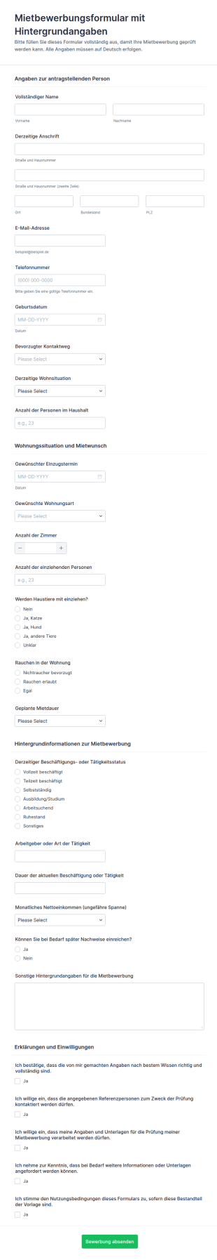 Mietbewerbung Mit Hintergrundinformationen Formular