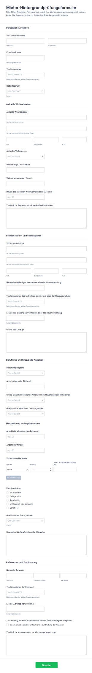 Mieter Hintergrundüberprüfung Formular