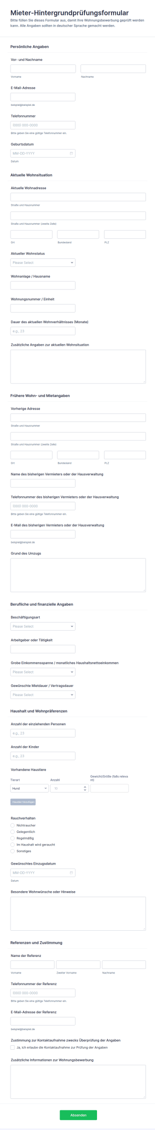 Mieter Hintergrundüberprüfung Formular