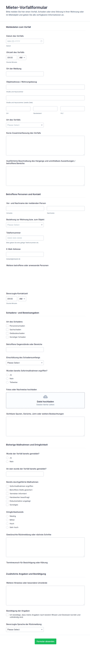 Mieter Vorfallmeldung Formular