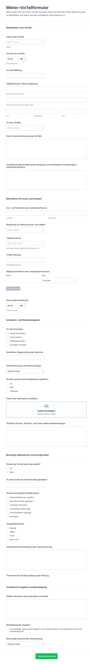 Mieter Vorfallmeldung Formular