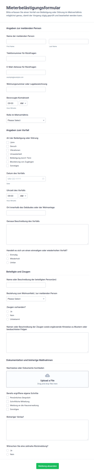 Mieterbeschwerdeformular Zur Belästigung