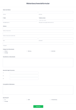 Mieterbeschwerdeformular Form Template