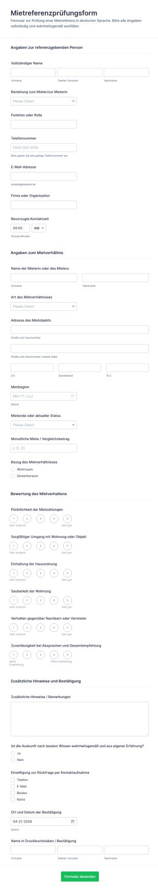 Mieterselbstauskunft Formular