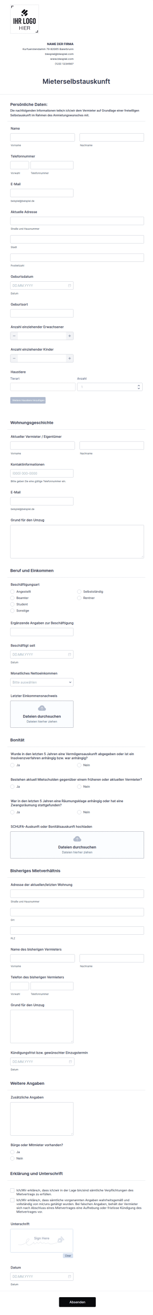 Vorlage Mieterselbstauskunft