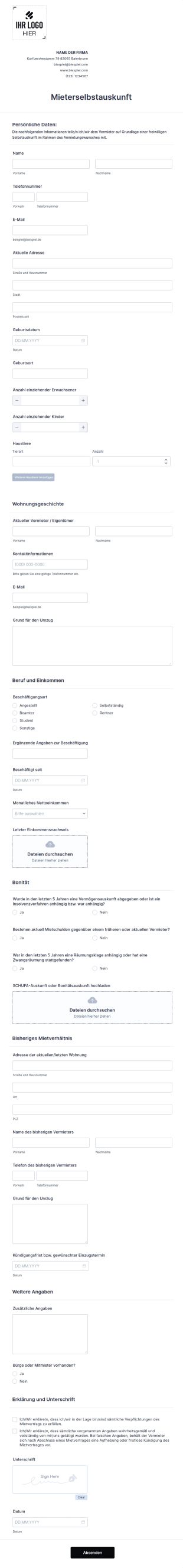 Vorlage Mieterselbstauskunft