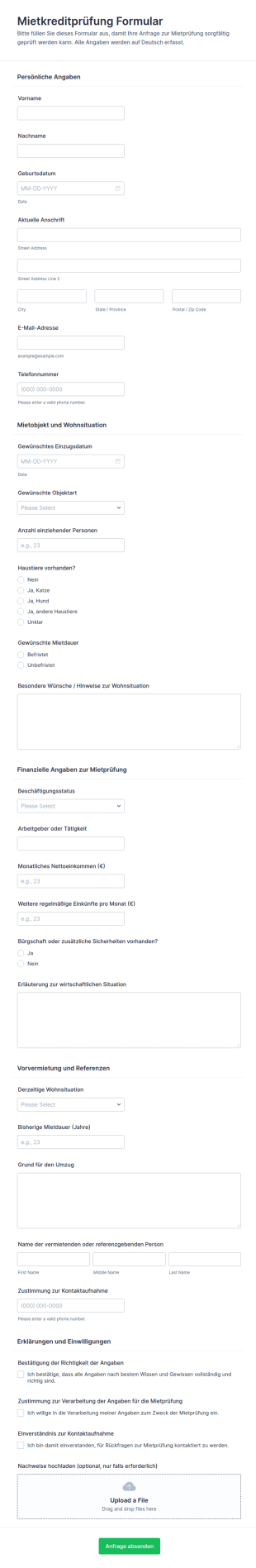 Mietkautions Bonitätsanfrage Form