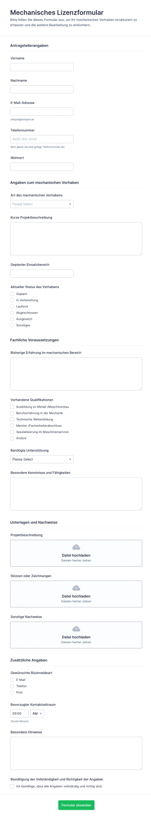 Mietlizenzierung Formular