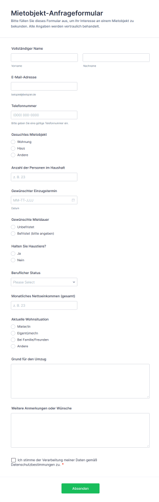 Mietobjekt Anfrageformular