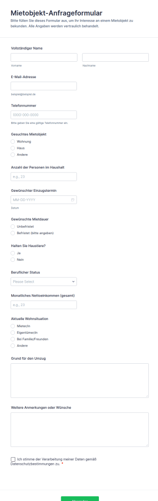 Mietobjekt Anfrageformular