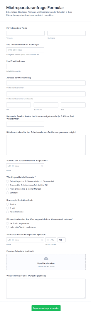 Mietreparaturanfrage Formular