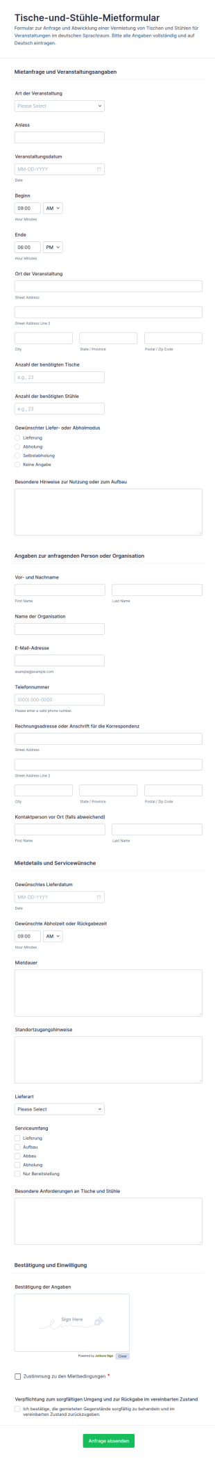 Mietvertrag Für Tische Und Stühle Formular