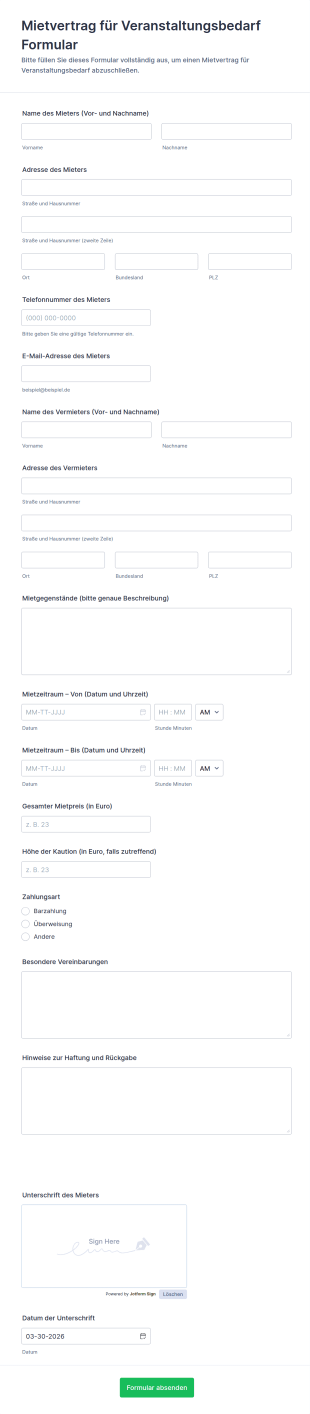 Mietvertrag Für Veranstaltungsbedarf Formular