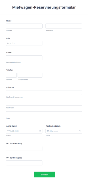 Mietwagen Reservierungsformular Form Template
