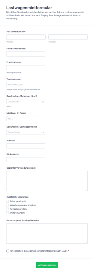 Mietwagenanfrage Formular