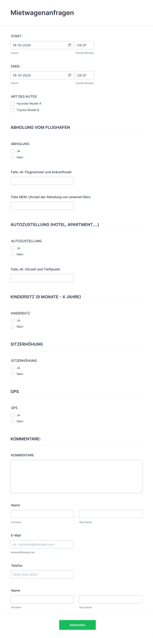 Mietwagenanfragen Form Template