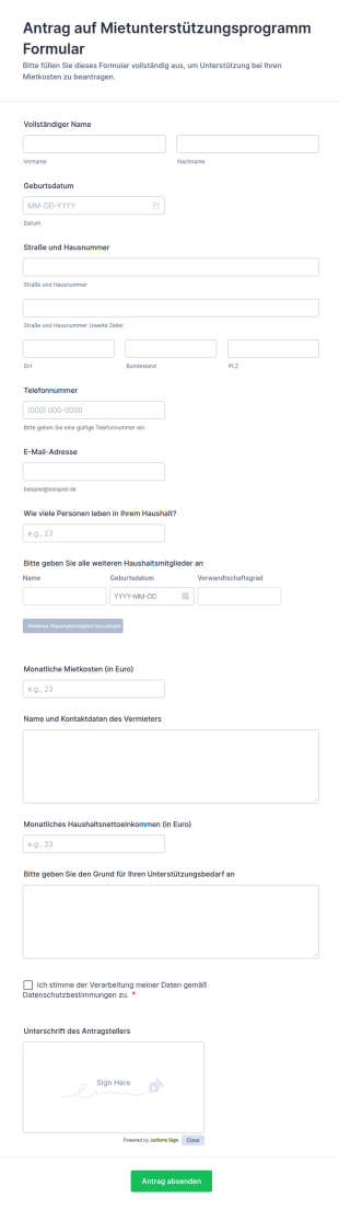 Mietzuschuss Antragsformular