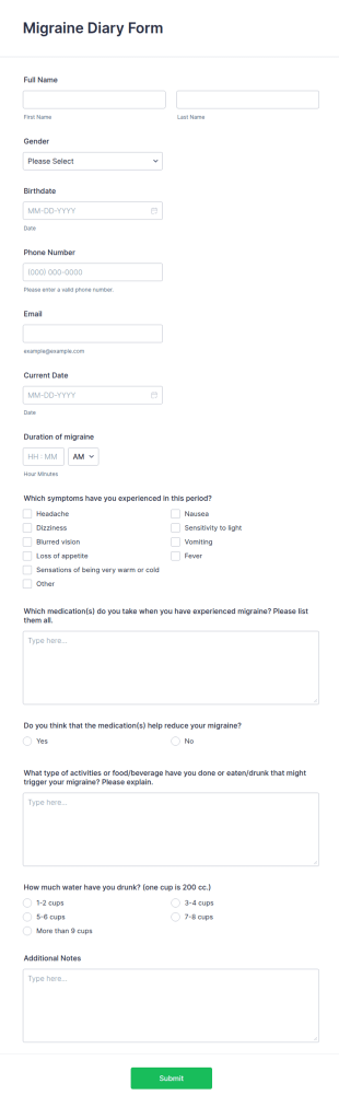 Migraine Diary Form Template