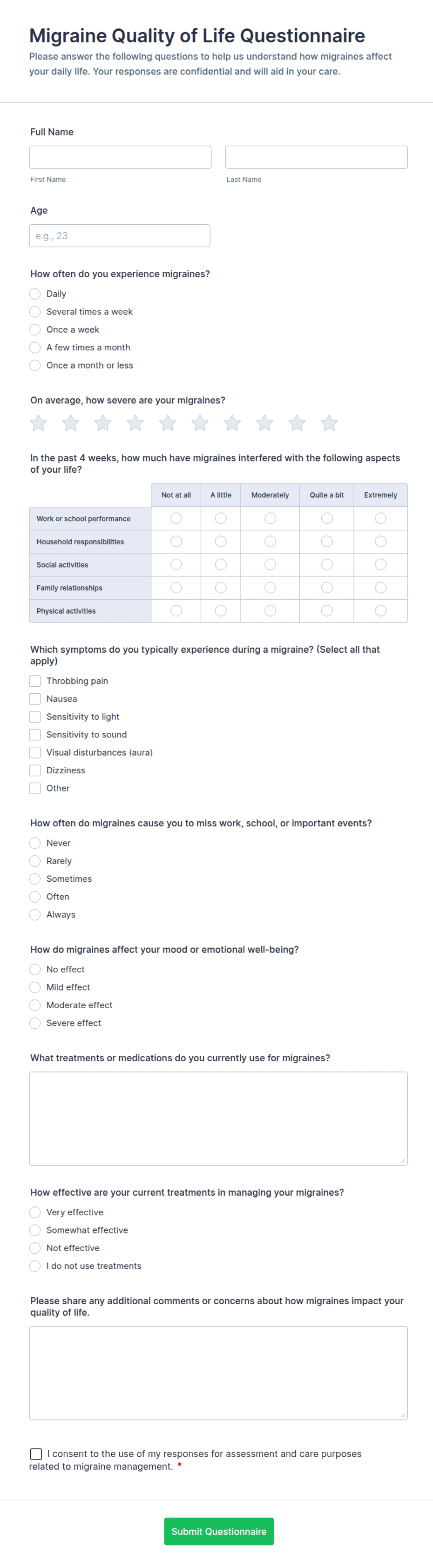 Migraine Quality of Life Questionnaire Form Template | Jotform