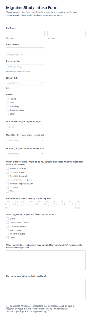 Migraine Study Intake Form Template