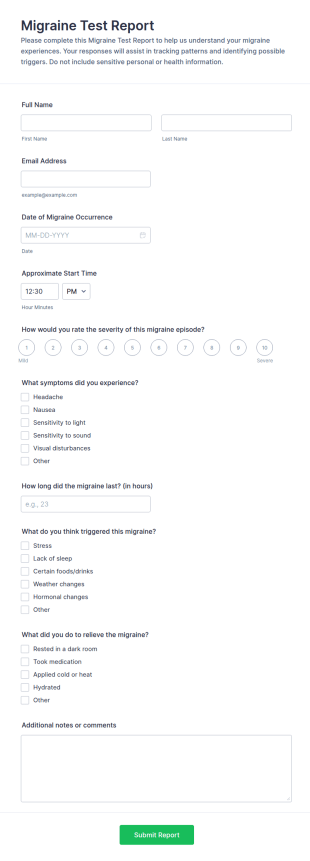 Migraine Test Report Form Template