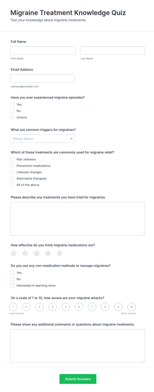 Migraine Treatment Knowledge Quiz Form Template