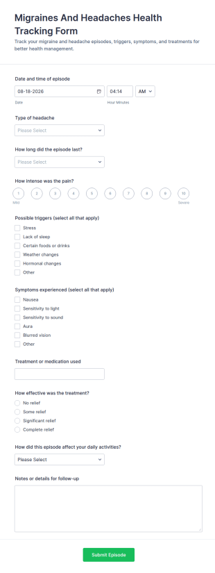 Migraines And Headaches Health Tracking Form Template