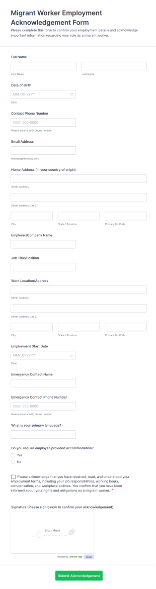 Migrant Worker Employment Acknowledgement Form Template