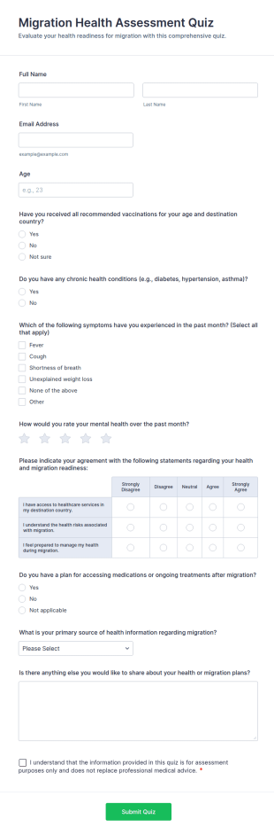 Migration Health Assessment Quiz Form Template